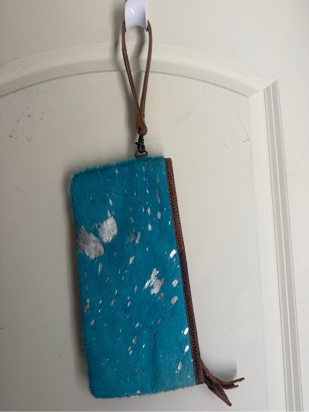 American darling Teal Haircalf Wristlet Clutch with Silver Accents gypsy boho
